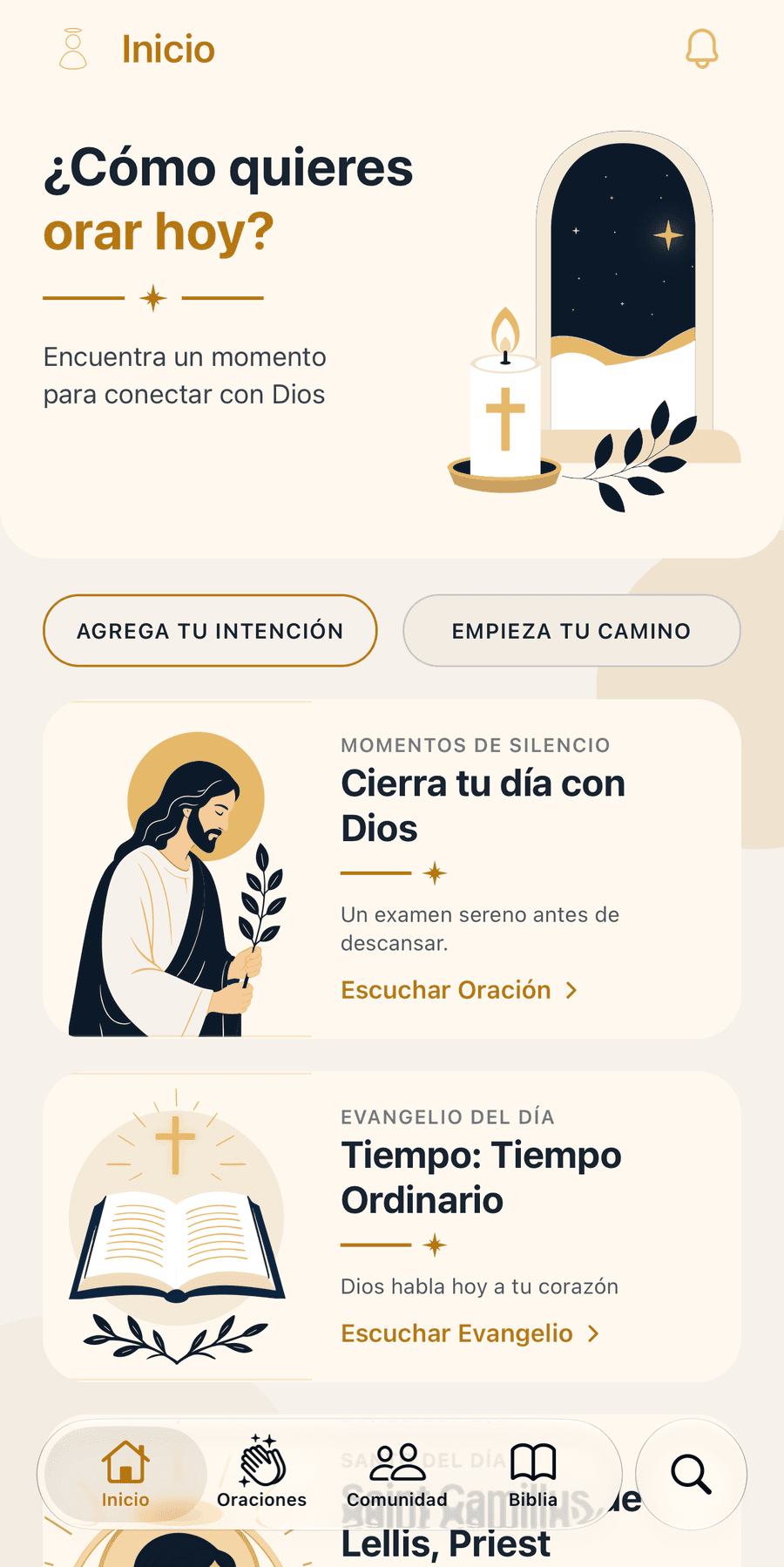Pantalla de inicio de Jessya con la oración de hoy