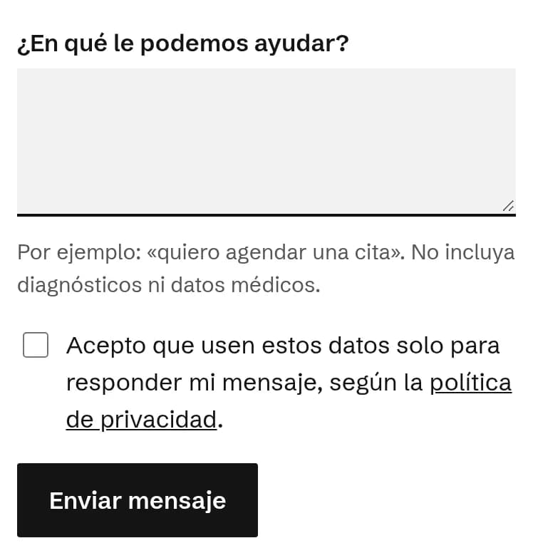Formulario de la demo con el aviso de no incluir datos médicos y la casilla de consentimiento con enlace a la política de privacidad