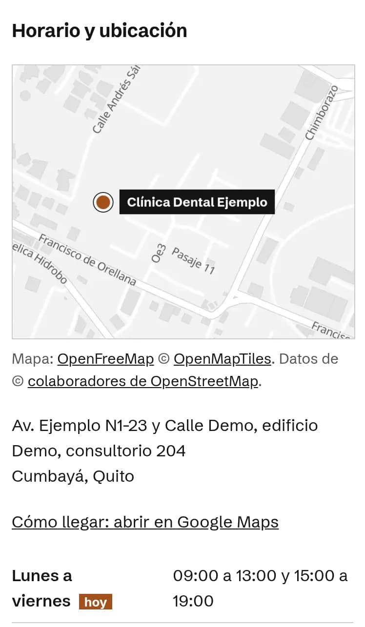 Sección Horario y ubicación de la demo: mapa, dirección, enlace a Google Maps y horario con el día de hoy marcado