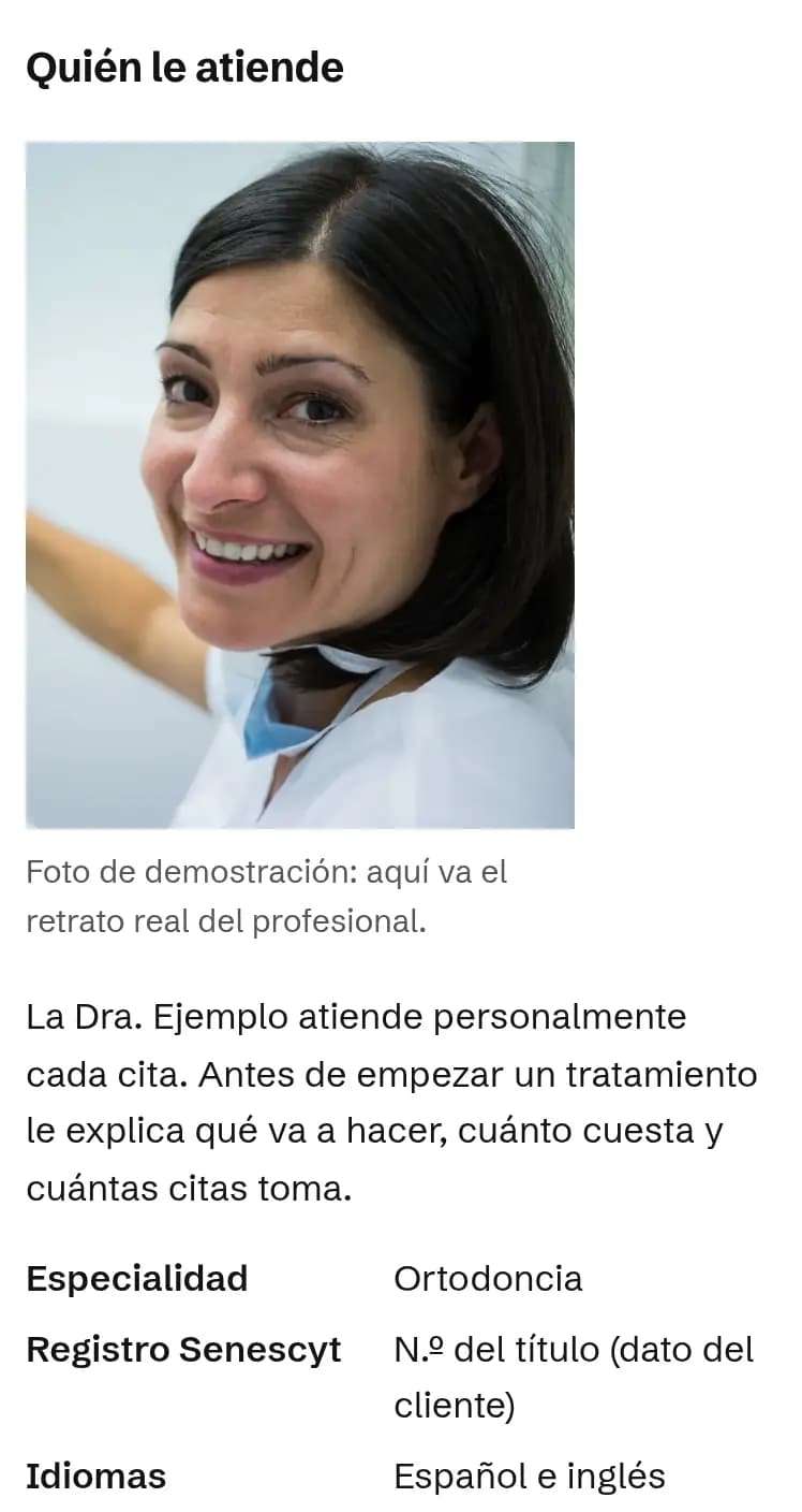 Sección Quién le atiende de la demo: retrato, presentación, especialidad y registro Senescyt