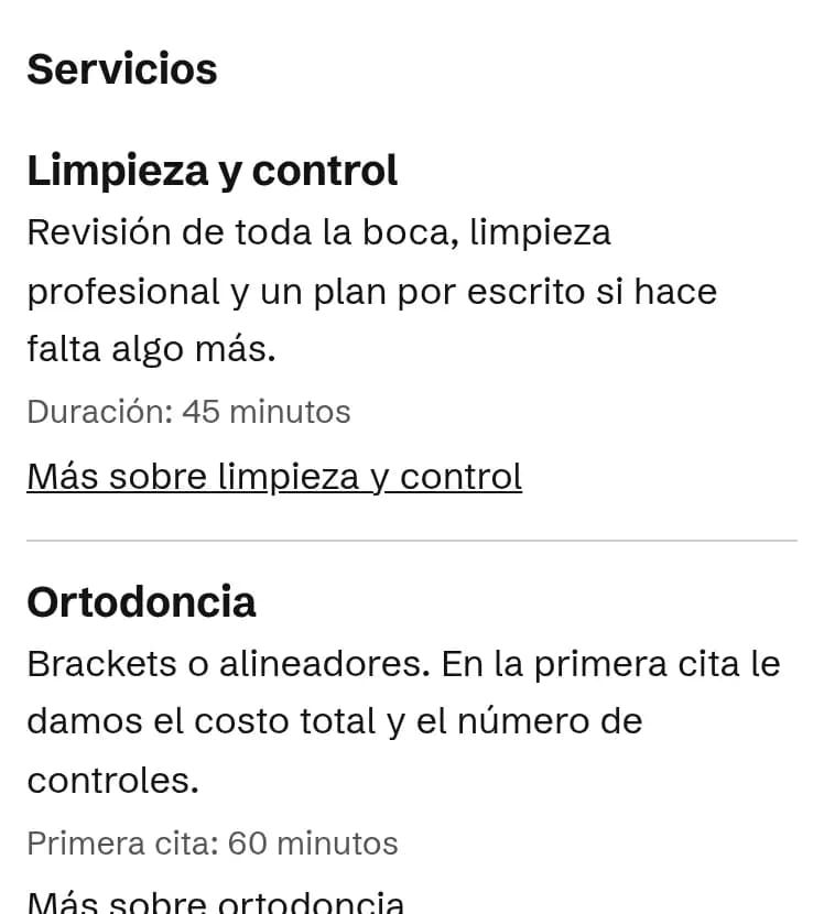 Lista de servicios de la demo con descripción y duración de cada uno