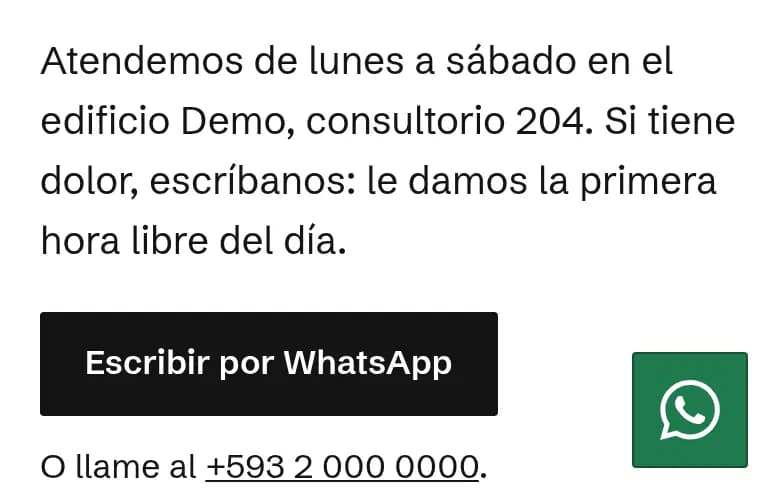 Parte de la demo en celular con el botón Escribir por WhatsApp, el teléfono y el botón flotante de WhatsApp